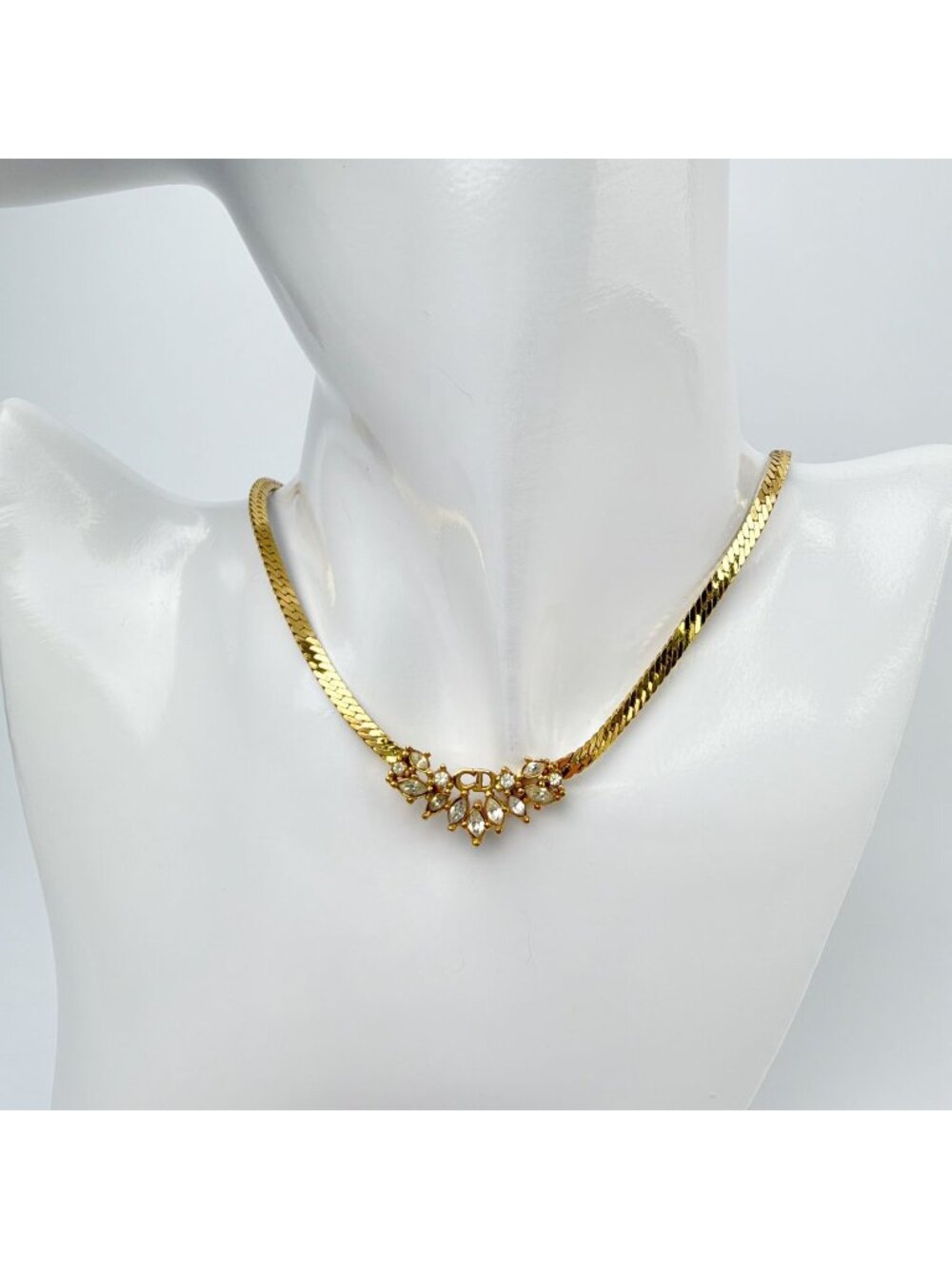 Dior CD Logo Marquise Cut Herringbone Necklace Plated Gold Clear Vintage